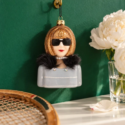Cody Foster Anna Wintour Ornament – glass Christmas ornament styled in a fun, eclectic home scene