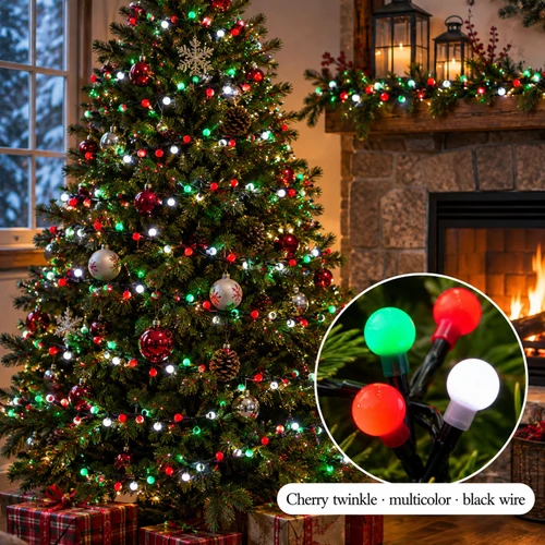 Lumineo 500 LED Multi Color Cherry Compact Twinkle Lights - warm white LED lights on a decorated Christmas tree with a close-up of the bulbs
