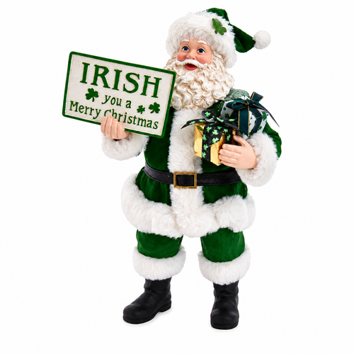 10.5-inch Kurt Adler Fabriché Musical Irish Santa in a green suit with shamrock accents.
Irish-themed Santa holding wrapped gifts and an "Irish You a Merry Christmas" sign.
Wind-up musical Christmas figurine for tabletop, mantel, or shelf display.