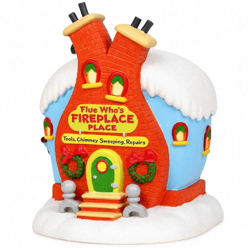 Department 56 Grinch Village Flue Who's Fireplace Place illuminated porcelain village building.
Whimsical Whoville fireplace shop with curved chimneys, colorful details, and snow-covered roof.
Hand-painted Grinch Village collectible featuring standard corded illumination.