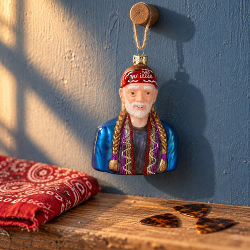Cody Foster Willie Nelson Ornament – glass Christmas ornament styled in a fun, eclectic home scene