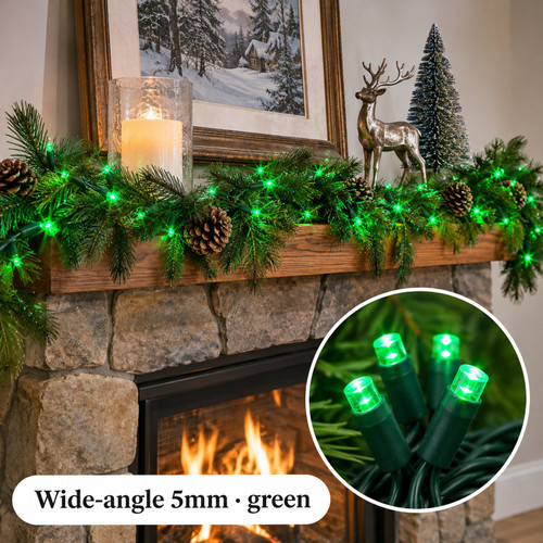 UL 50-Light 5MM Green LED Green Wire Light Set - warm LED lights on a decorated Christmas tree with a close-up of the bulbs