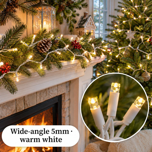 UL 50-Light 5MM Warm White LED White Wire Light Set - warm LED lights on a decorated Christmas tree with a close-up of the bulbs