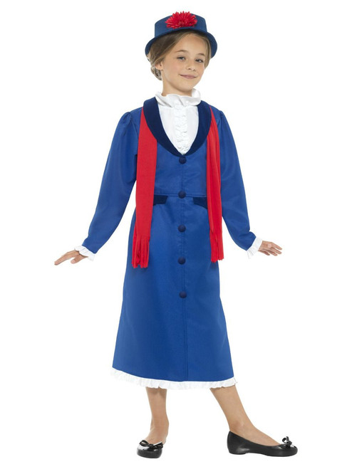 Children's Victorian Nanny Costume, Blue, with Dress, Hat & Scarf, Small
