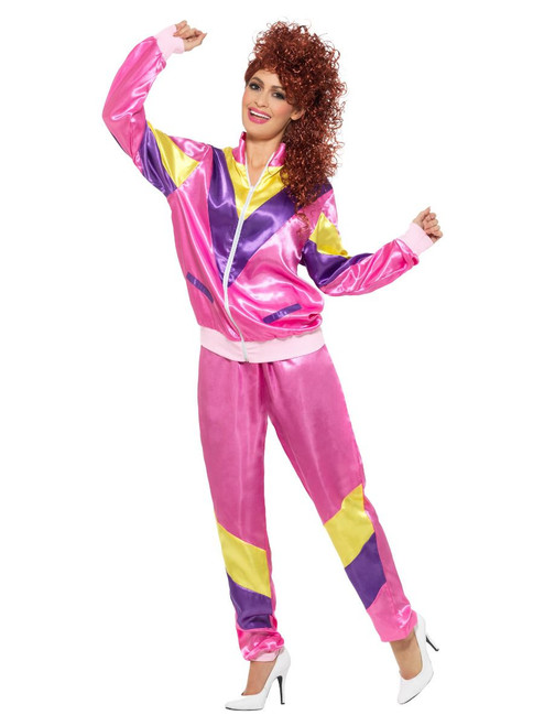 80s Height of Fashion Shell Suit Costume, Pink, with Jacket & Trousers, Small
