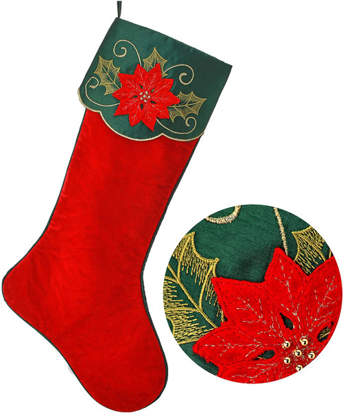 25" Red and Green Velvet Embroidered Poinsettia and Holly Christmas Stocking
