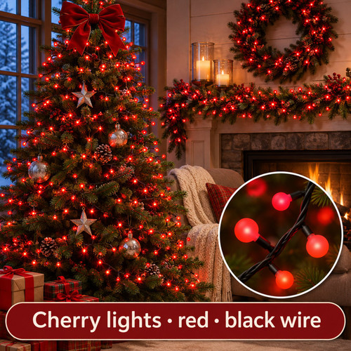 Lumineo 500 LED Red Cherry Lights Black Wire - warm white LED lights on a decorated Christmas tree with a close-up of the bulbs