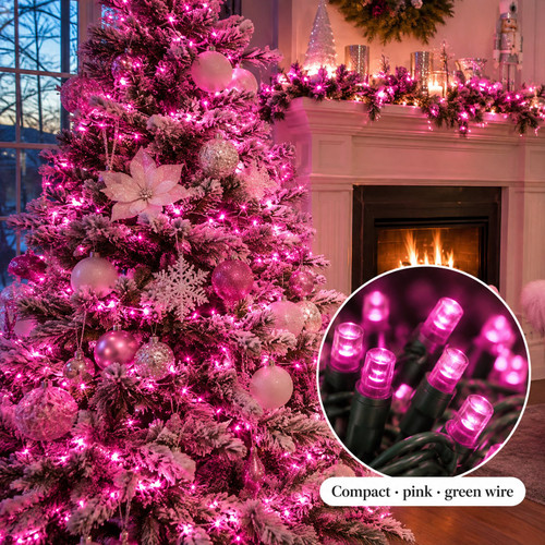 Lumineo 750 LED Pink Lights Green Wire - warm white LED lights on a decorated Christmas tree with a close-up of the bulbs