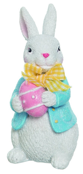 White Terracotta Bunny Rabbit Figurine Holding An Easter Egg
