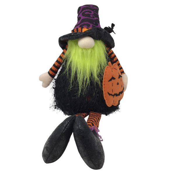 LED Sitting Gnome With Green Beard and Pumpkin