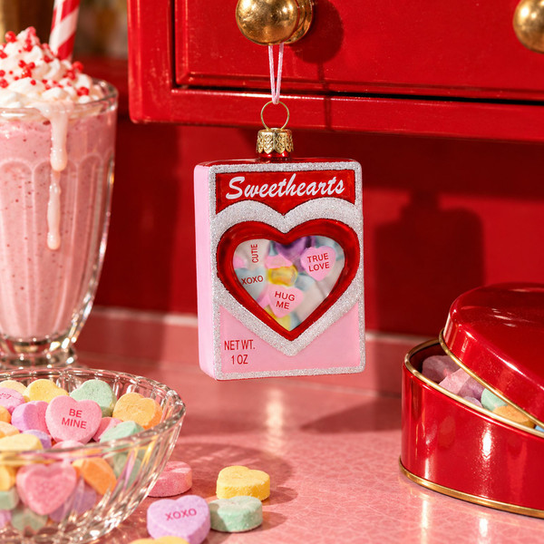 Cody Foster Box of Sweethearts Ornament – glass Christmas ornament styled in a fun, eclectic home scene