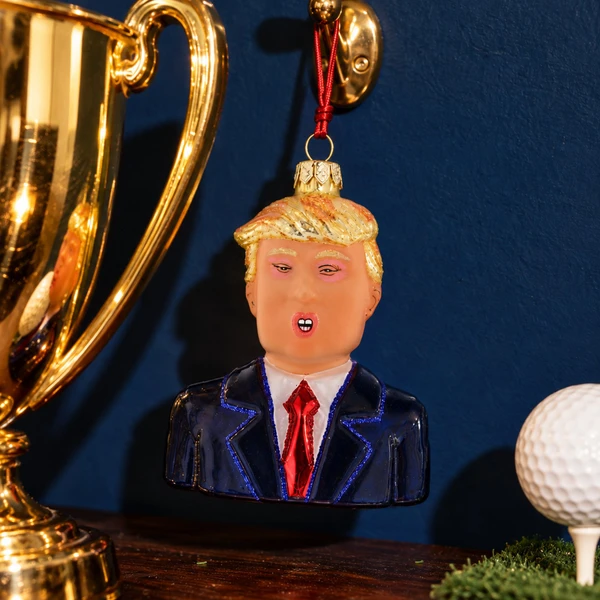 Cody Foster Donald Trump Glass Blown Ornament – glass Christmas ornament styled in a fun, eclectic home scene