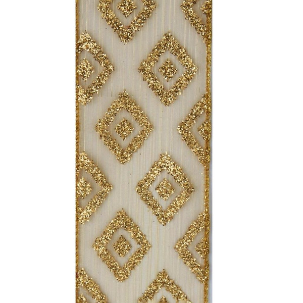 Sheer Gold With Gold Glittered Diamond Patterned Double Wire Ribbon

