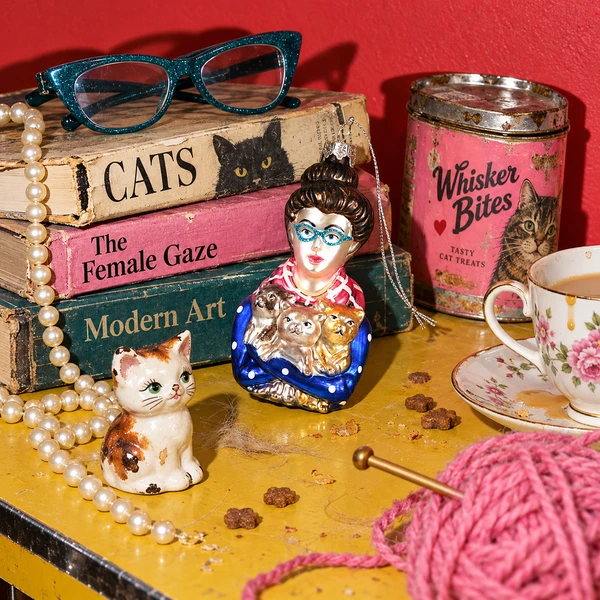 Cody Foster Crazy Cat Lady Blown Glass Ornament – glass Christmas ornament styled in a fun, eclectic home scene