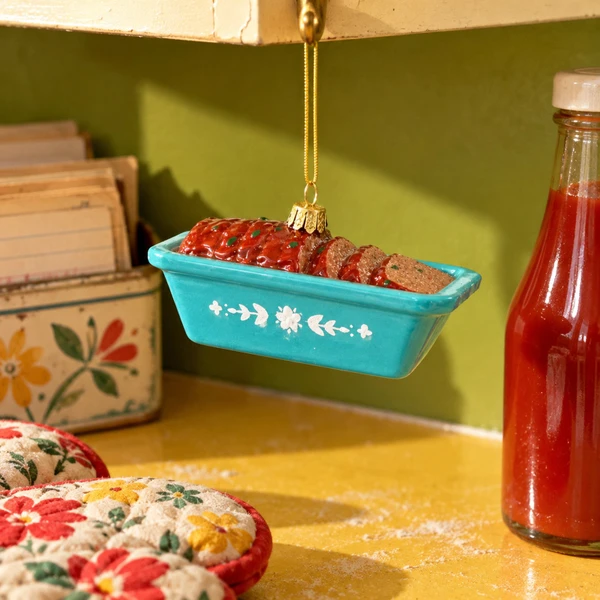 Cody Foster Mom's Meatloaf Blown Glass Ornament – glass Christmas ornament styled in a fun, eclectic home scene