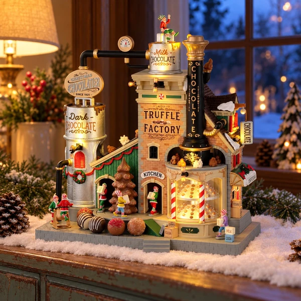 Lemax The Christmas Chocolatier Truffle Factory – collectible Christmas village piece displayed in a cosy home