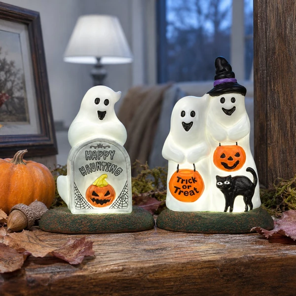 Lemax Spookytown - Happy Halloween Ghosts – collectible Halloween village piece displayed in a cosy home