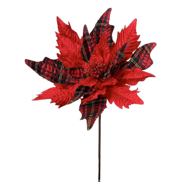 26" Red & Gold Plaid Velvet Poinsettia
