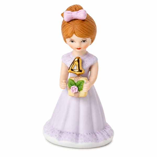 Front view of Growing Up Girls Brunette Age 4 porcelain bisque figurine wearing a lavender dress and holding a gift topped with a gold number 4.
Rear view showing the lavender dress, back bow detail, and matching pink hair ribbon.
3.5-inch collectible birthday figurine featuring a brunette girl holding a wrapped present with floral decoration.