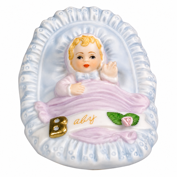 Front view of the Growing Up Girls Blonde Newborn Baby porcelain bisque figurine featuring a baby girl in a bassinet beneath a lavender blanket with a "Baby" banner.
Porcelain bisque newborn keepsake figurine showing a blonde baby girl resting in a blue bassinet with pink floral accents.
Collectible 2.75-inch Growing Up Girls newborn figurine celebrating the arrival of a baby girl.
