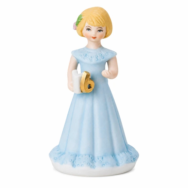 Front view of Growing Up Girls Blonde Age 6 porcelain bisque figurine wearing a baby blue dress and holding a book with a gold number 6.
Blonde birthday figurine with a flower in her hair and detailed porcelain craftsmanship.
4-inch porcelain bisque Growing Up Girls Age 6 collectible birthday keepsake.