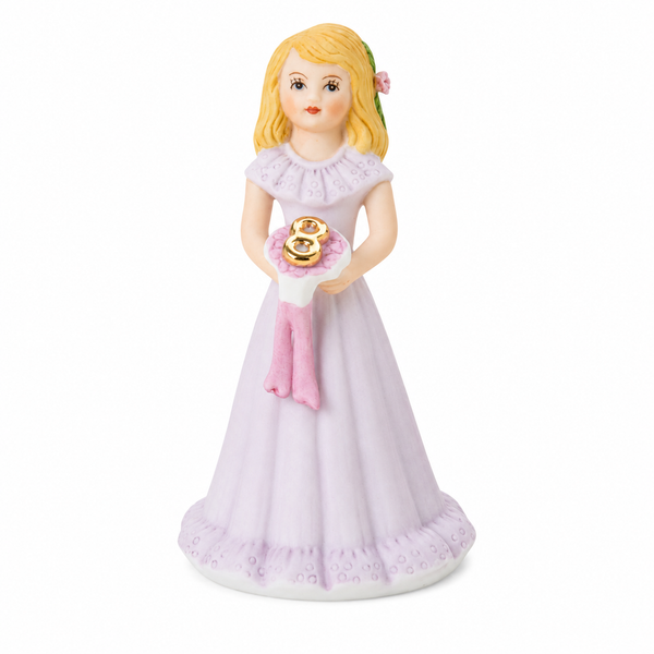 Front view of Growing Up Girls Blonde Age 8 porcelain bisque figurine in a lavender dress holding a pink award ribbon with a gold number 8.
Blonde birthday figurine with a flower in her hair and detailed porcelain craftsmanship.
4.5-inch porcelain bisque Growing Up Girls Age 8 collectible birthday keepsake.