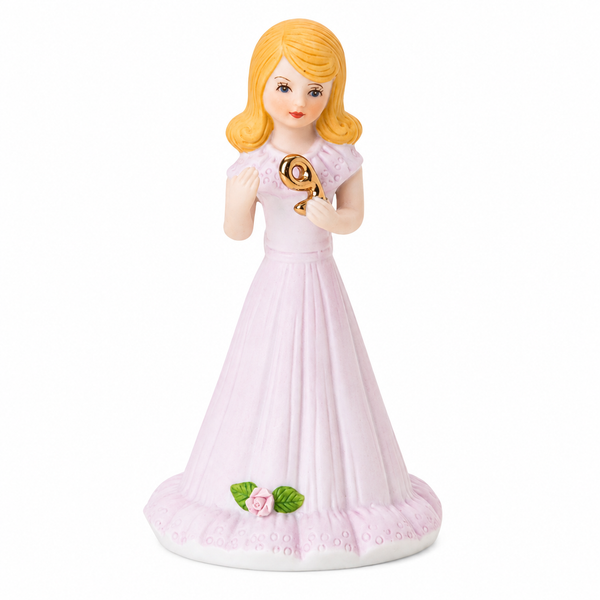 Front view of Growing Up Girls Blonde Age 9 porcelain bisque figurine in a powder pink dress holding a golden number 9.
Blonde birthday figurine with floral dress detail and raised golden number 9 keepsake.
5-inch porcelain bisque Growing Up Girls Age 9 birthday collectible.