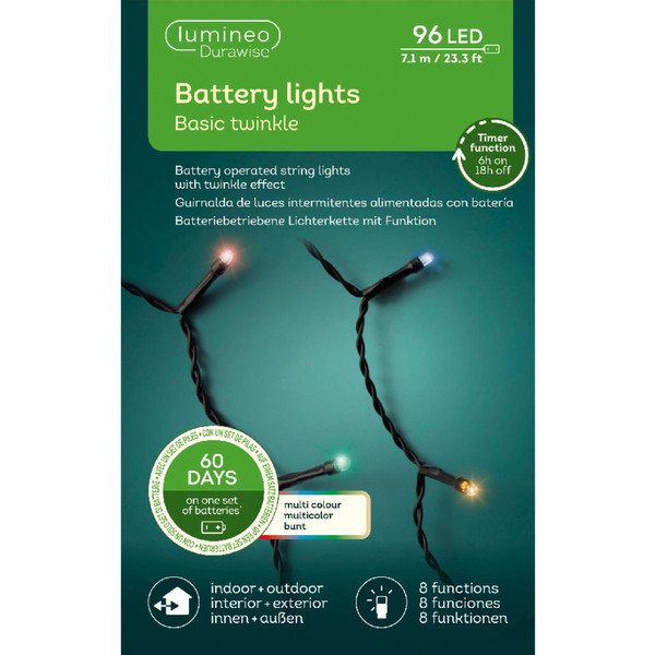 Lumineo 96 LED Battery Operated Multi Color Twinkle Lights Black Wire