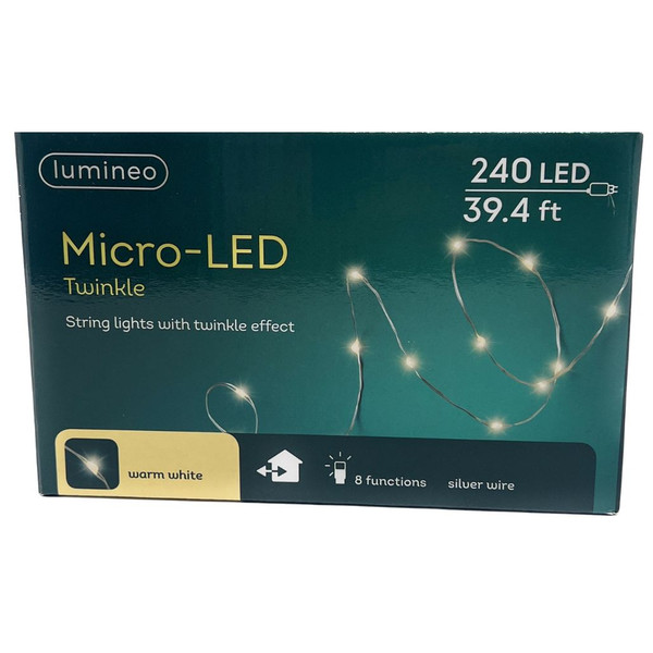 072849 Lumineo 240 Micro-LED Warm White Twinkle Lights Silver Wire