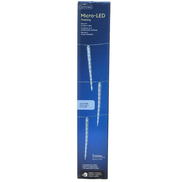 Lumineo 3 LED Cool White Flashing Icicle Lights Transparent Wire
