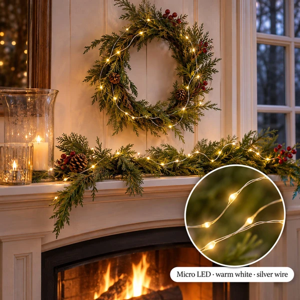 Lumineo 40 LED Warm White Lights Silver Micro Wire - warm white LED lights on a decorated Christmas tree with a close-up of the bulbs