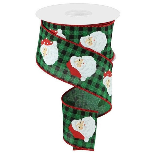Santa Heads On Green Plaid Ribbon 10 Yard x 2.5 Inch Wide