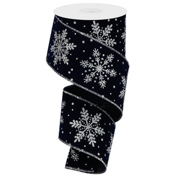 Silver Glittered Snowflakes on Navy Blue Velvet Ribbon  10 Yards Long x 2.5 Inch Wide