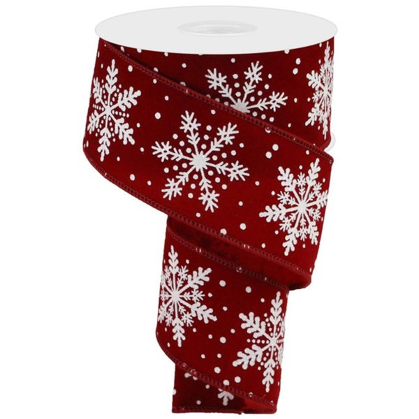 Red Velvet Ribbon With White Snowflakes  10 Yards Long x 2.5 Inch Wide
