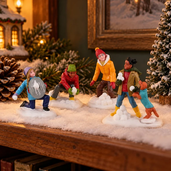 Lemax Snowball Battles Set Of 4 – collectible Christmas village piece displayed in a cosy home