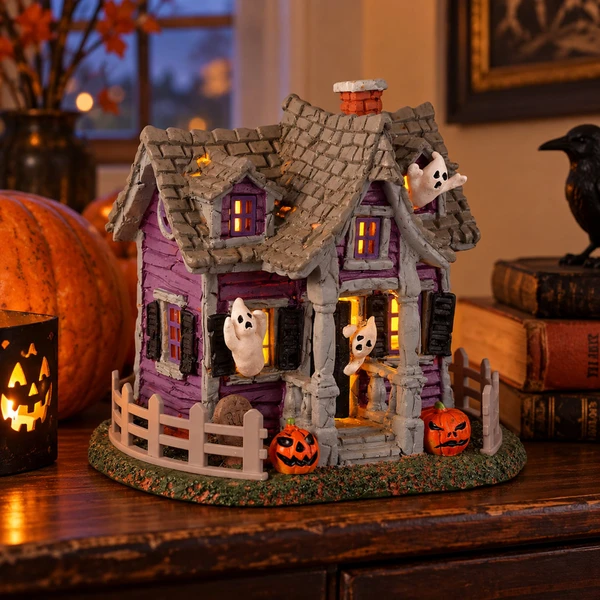 Lemax Spookytown - Ghost Cottage – collectible Halloween village piece displayed in a cosy home