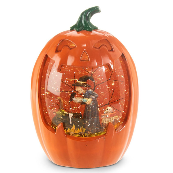 Lighted Carved Pumpkin Water Lantern Shimmer with Witch and Cauldron