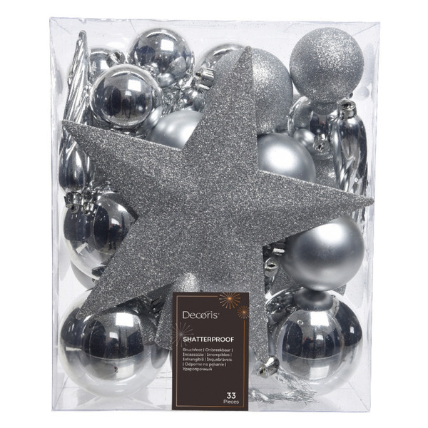 33 Piece Silver Shatterproof Ornament Set