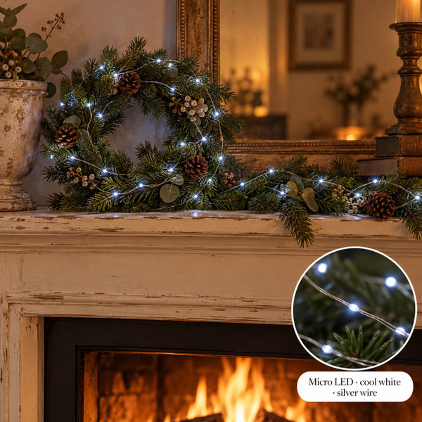 40 Cool White Micro LEDs Silver Wire - warm white LED lights on a decorated Christmas tree with a close-up of the bulbs