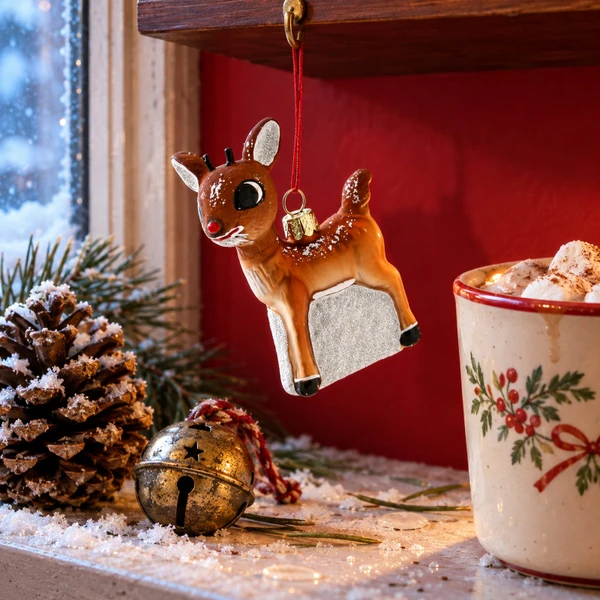 Cody Foster Glass Rudolph Ornament – glass Christmas ornament styled in a fun, eclectic home scene