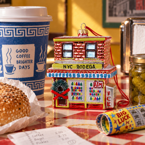 Glass NYC Bodega Ornament – styled in a fun, eclectic home scene