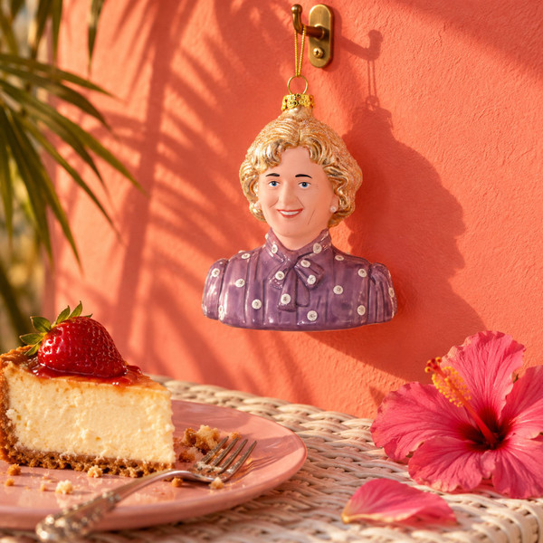 Cody Foster Glass Golden Girls Rose Ornament – glass Christmas ornament styled in a fun, eclectic home scene