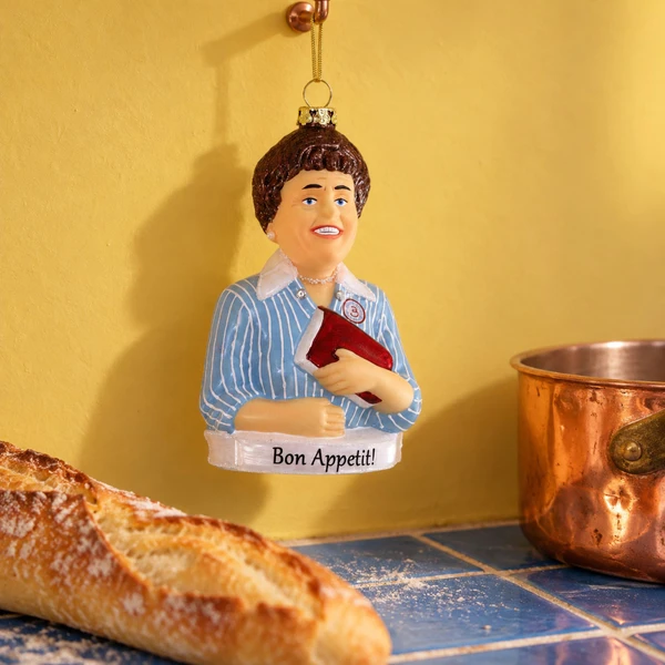 Cody Foster Glass Julia Child Ornament – glass Christmas ornament styled in a fun, eclectic home scene