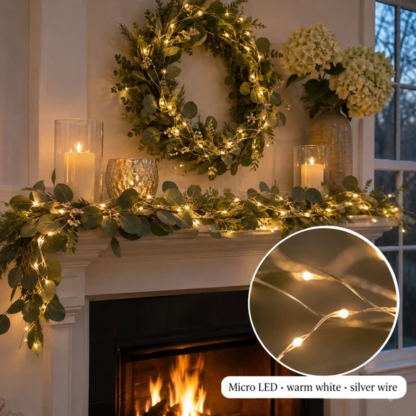 Lumineo 100 Micro LED Warm White Silver Wire Lights - warm white LED lights on a decorated Christmas tree with a close-up of the bulbs