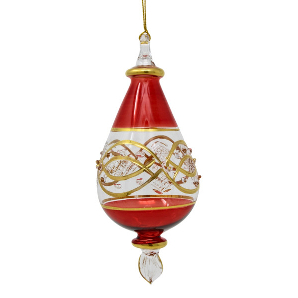 Handmade Egyptian Museum dark red glass pear drop ornament with hand-etched patterns and genuine 24 kt gold accents.
Mouth-blown glass pear-shaped Christmas ornament measuring 5.5 inches tall by 2 inches wide with artisan detailing.
Elegant handcrafted dark red glass pear drop ornament featuring etched decorative designs, clear glass accents, and gold trim.