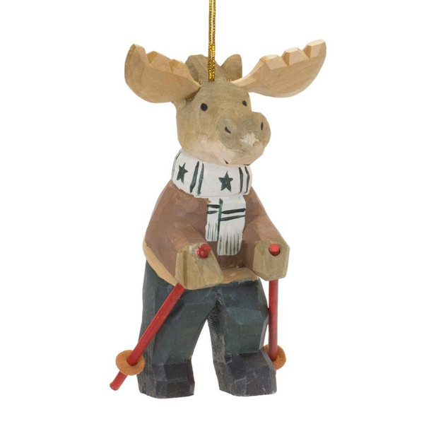 Wood Moose With Ski Poles Hanging Ornament
