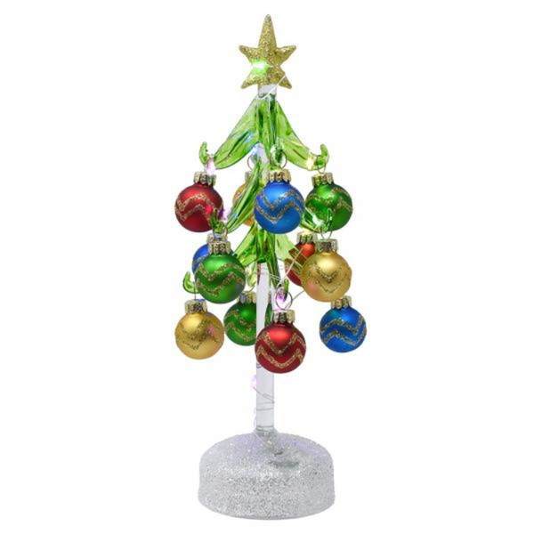 10 Inch Green Glass LED Tree With Zig Zag Glass Ornaments