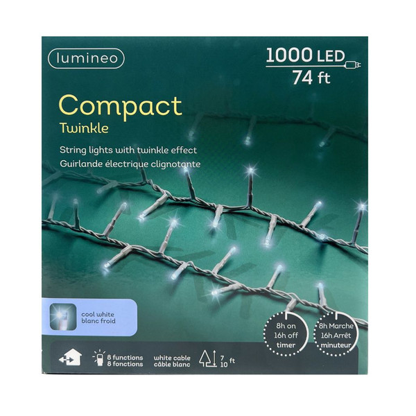 Lumineo Cool White LED String Lights, 74ft, 1000 Bulbs, 8 Modes