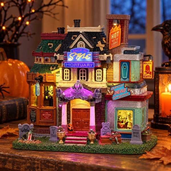 Lemax Spooky Town - Mortuary Makeovers – collectible Halloween village piece displayed in a cosy home
