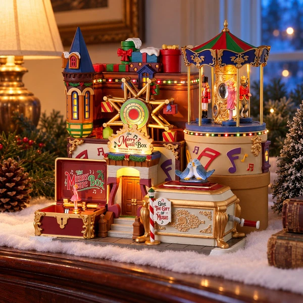 Lemax The Merry Music Box – collectible Christmas village piece displayed in a cosy home